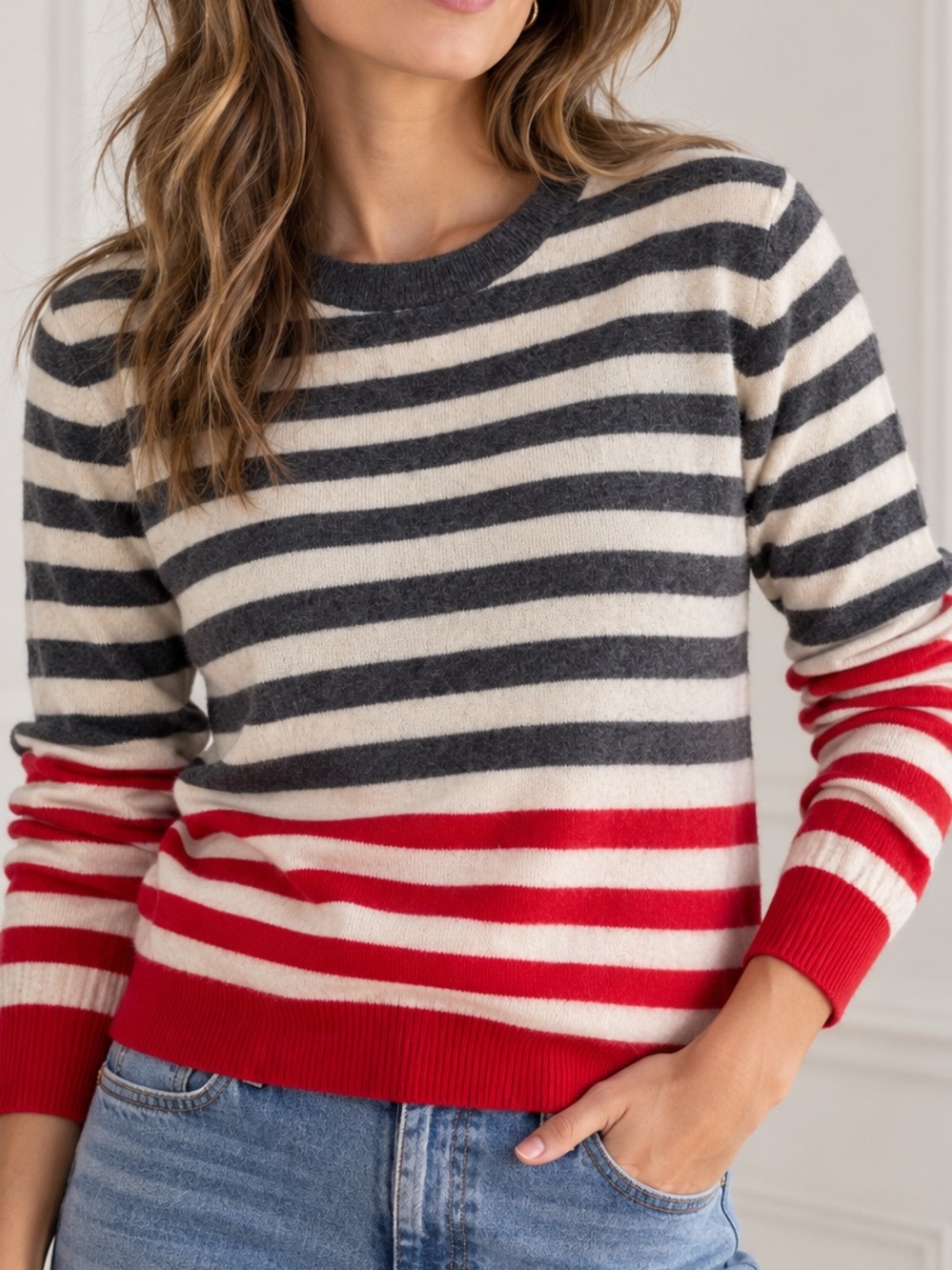 The Cashmere Project 100% Cashmere Striped Crewneck Sweater Red Grey S